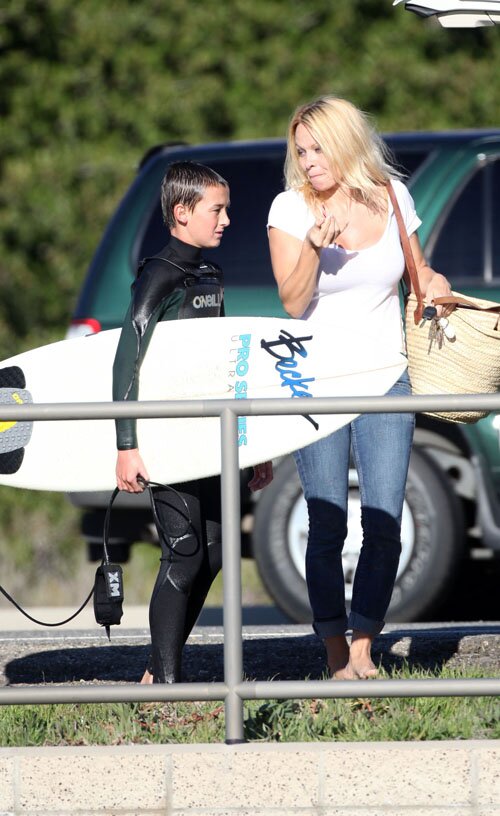 Pamela Anderson At The Beach With Son (NO FRANCE, NO GERMANY)